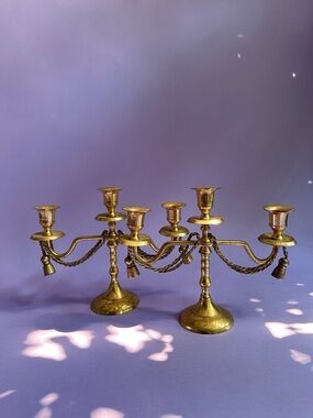Pair Of Vintage Brass 3 Arm Candelabra Candles Braided Rope Goth Victorian